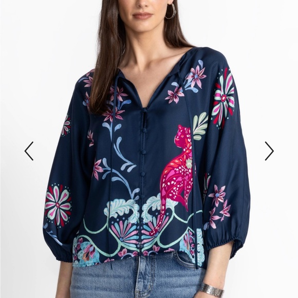 Johnny Was Tops - Johnny Was Harlyn Blouse V-Neck Dark Navy Blue Floral Jaguar Silk NWT XL